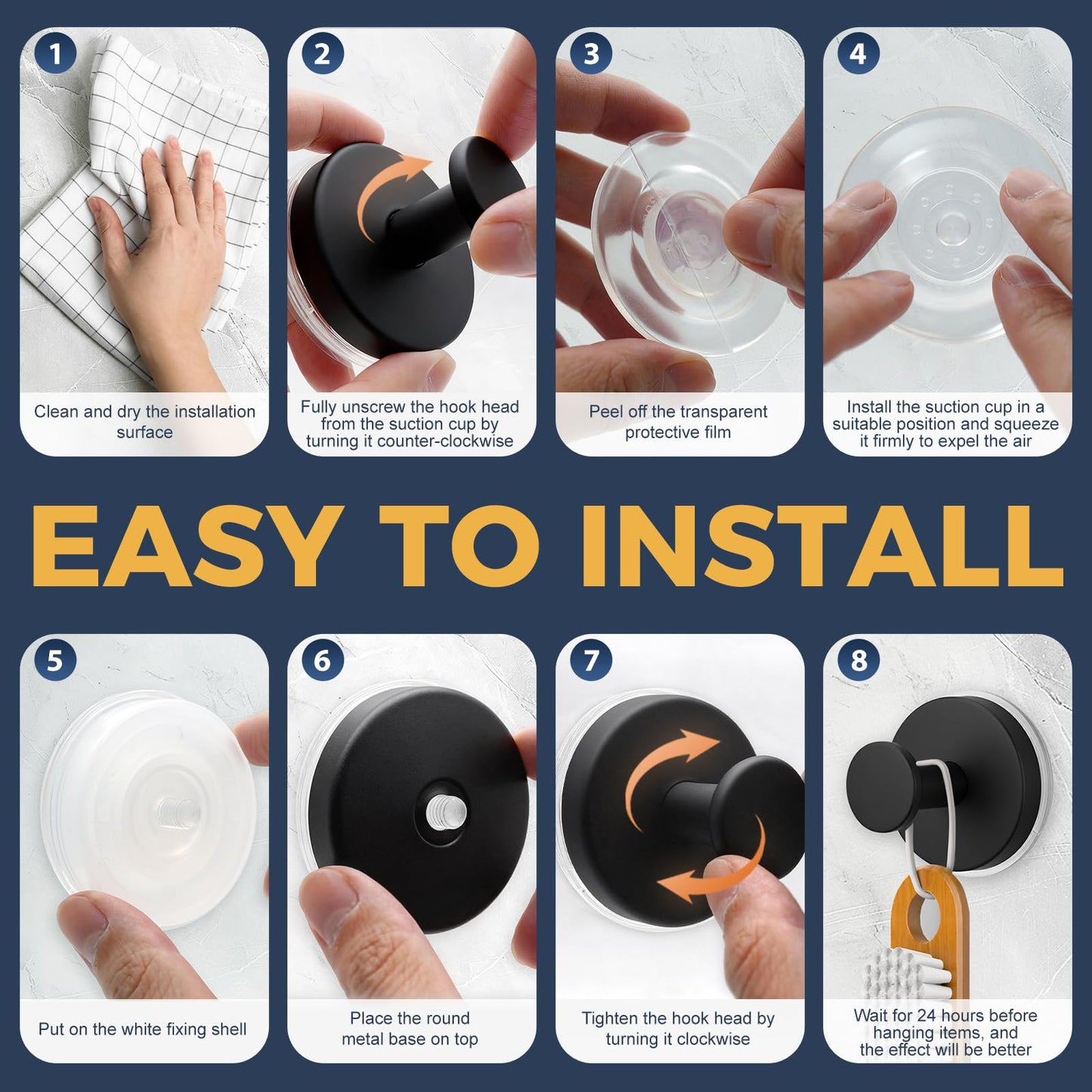 QQK Large Suction Cup Hooks for Shower,Glass Window&Door,Mirror,Reusable Shower Hooks,No-Drill Removable Towel Hooks for Bathroom,4 Packs(Matte Black)