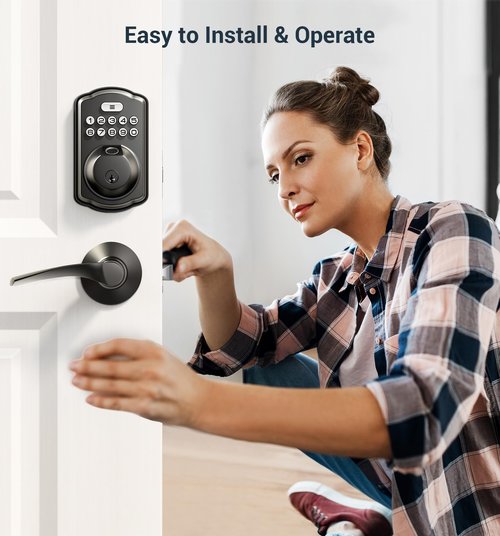 Veise Fingerprint Door Lock with 2 Lever Handles - Keyless Entry Door Lock, Electronic Keypad Deadbolt, Digital Smart Code & Front Handle Sets, Auto-Locking, Easy Installation, Matte Black