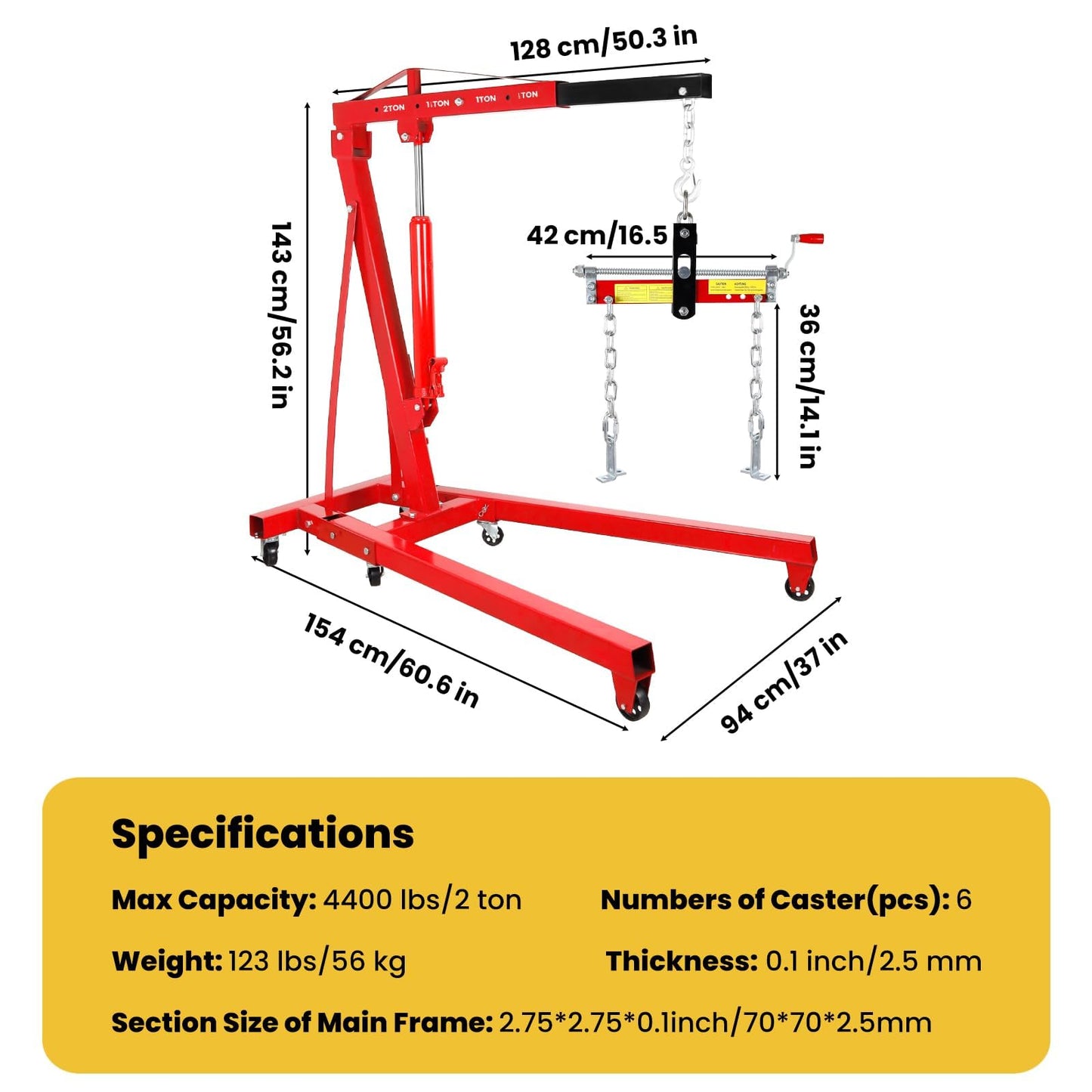 Engine Hoist Cherry Picker with Leveler, 2-Ton Folding Hydraulic Workshop Crane Lift with 6 Swivel Wheels and Telescopic Boom, 4400 Lbs Capacity Heavy-Duty Crane for Garage, Automotive Repair (Red)