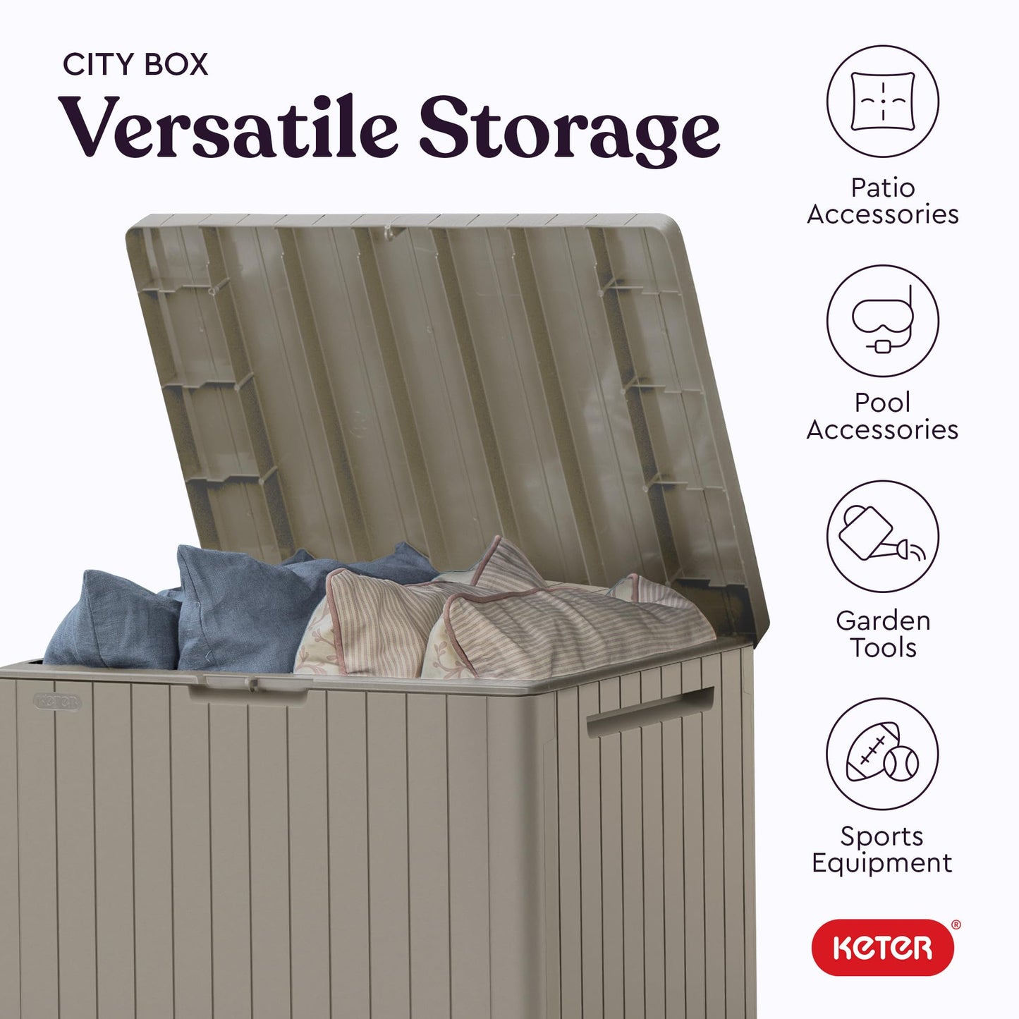 Keter City 30 Gallon Resin Outdoor Storage Box and Patio Furniture Side Table for Pool and Garden Accessories, Beige