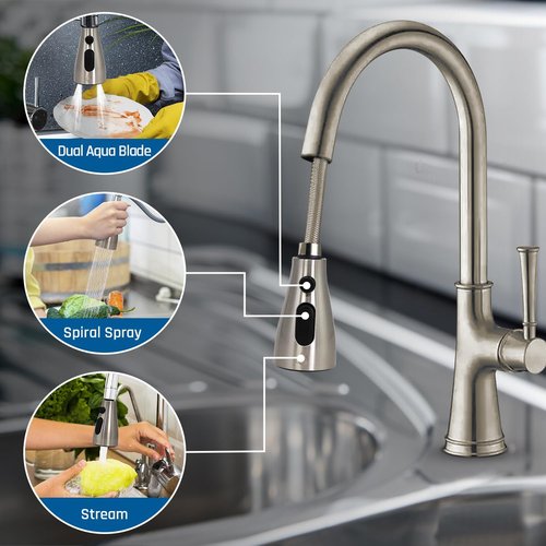 Kitchen Faucet Head Replacement – Pull-Down Sprayer for Moen, Delta & American Standard | 3-Mode Sink Faucet Spray Head with 9 Adapters, Brushed Nickel, Kitchen Sink Sprayer Replacement.