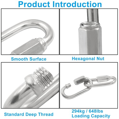 Qjaiune 6Pcs Quick Links 3/16 Inch 304 Stainless Steel D Shape Locking Quick Connector, M5 Quick Link Chain Heavy Duty Durable Chain Connector - 648lbs Capacity
