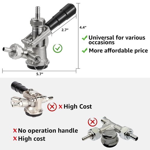 MRbrew D System Keg Coupler for Commercial Sankey, fit 1/4" & 3/16" I.D Draft Beer line, 5/16" Gas Barb, Stainless Steel Probe with Check Valve Sealing Washer Hose Clamp - for Kegerator Tap Dispenser