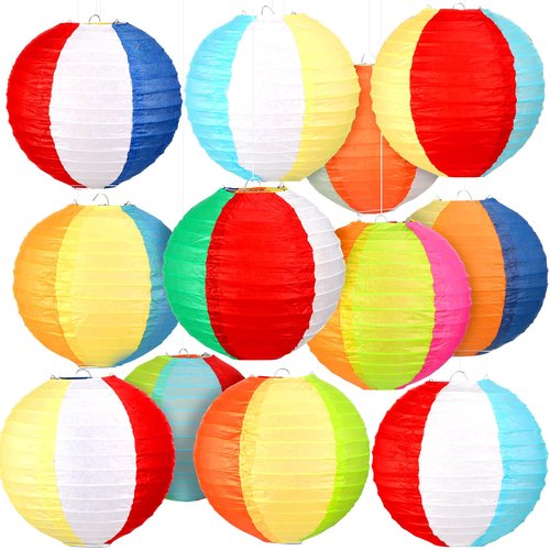 Panelee 12 Pcs 8 Inch Beach Ball Paper Lanterns Pool Party Decorations Summer Luau Themed Round Hanging Decorations for Office Classroom Home Outdoor Indoor Party Supplies