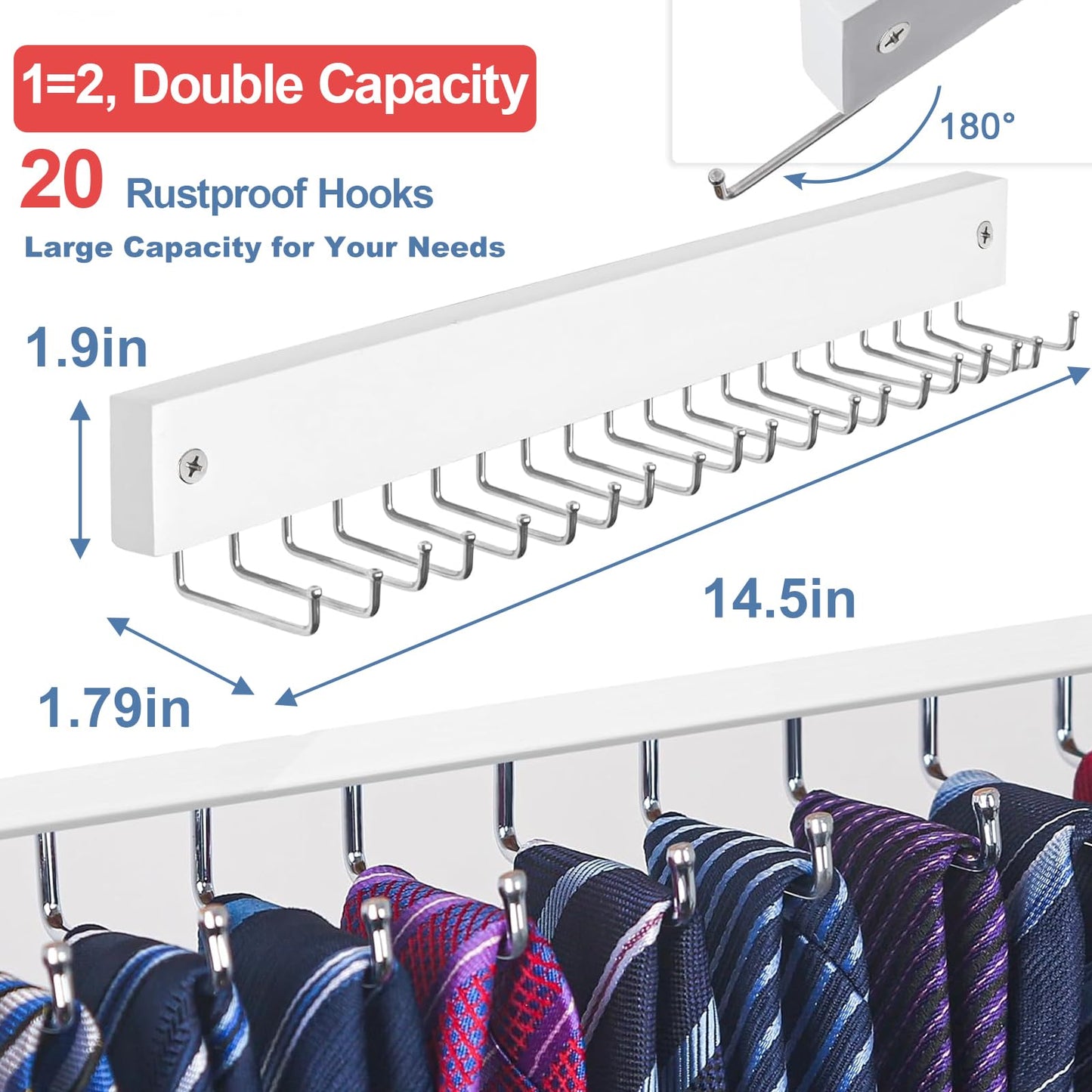 Tie Rack Wall Mounted, Belt Rack Tie Organizer for Men with 20 Storage Hooks, Non Slip 180 Degree Rotating Tie Holder Belt Hanger for Closet/Wall Mount