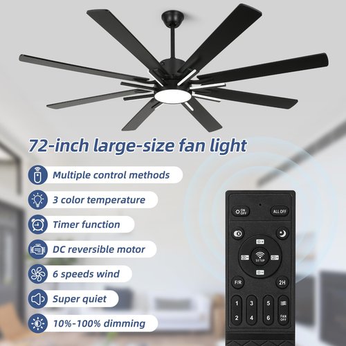 YYEHON 72 Inch Modern Ceiling Fan with Lights & Remote, Large Chandelier Ceiling Fan for Living Room, Patio, Farmhouse, 8 Blades & 9 Lights, 6-Speed Reversible DC Motor, 3 CCT, Black