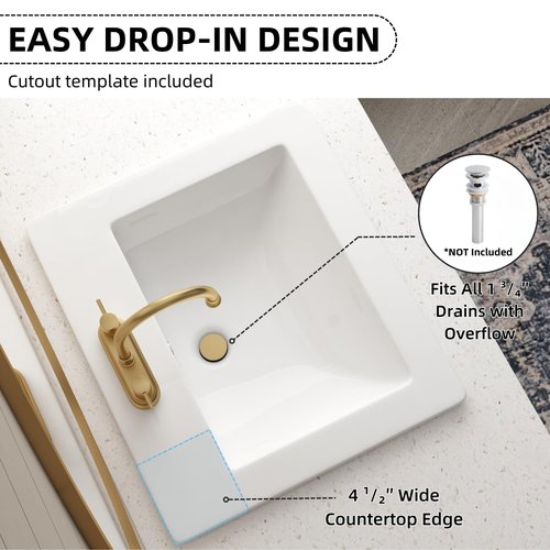 21"W x 18"D Drop In Bathroom Sink with 4-in Centerset 3 Faucet Holes, Los Flexi 21 Inch White Rectangular Vanity Top Sink with Overflow, Ceramic Vessel Sink for Bathroom