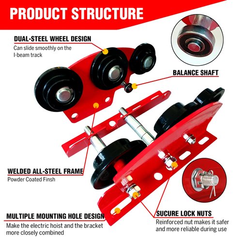 Manual Trolley for I-Beam 2200lbs with Heavy Duty 6 Wheel,Push Geared Overhead for PA200 to PA1000 Electric Hoist,2.68in - 4.33in Adjustable Flange for Lifting,1Ton Loading Capacity