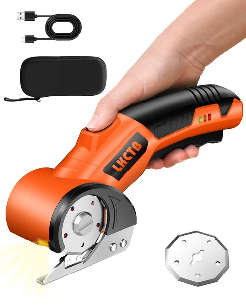 LKCTB Cardboard Cutter, Electric Scissors, 2600mAh Battery, High Efficiency Brushless Motor, with LED Light, Tungsten Steel Blade, Suitable for Cloth, Cardboard, Leather, Carpet. Orange