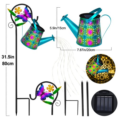 Solar Watering Can with Lights, Waterproof Solar Lantern with Butterfly Shepherd Hook, Hanging Garden Lights for Patio Yard Lawn Porch Outdoor Decoration, Unique Garden Gifts for Women