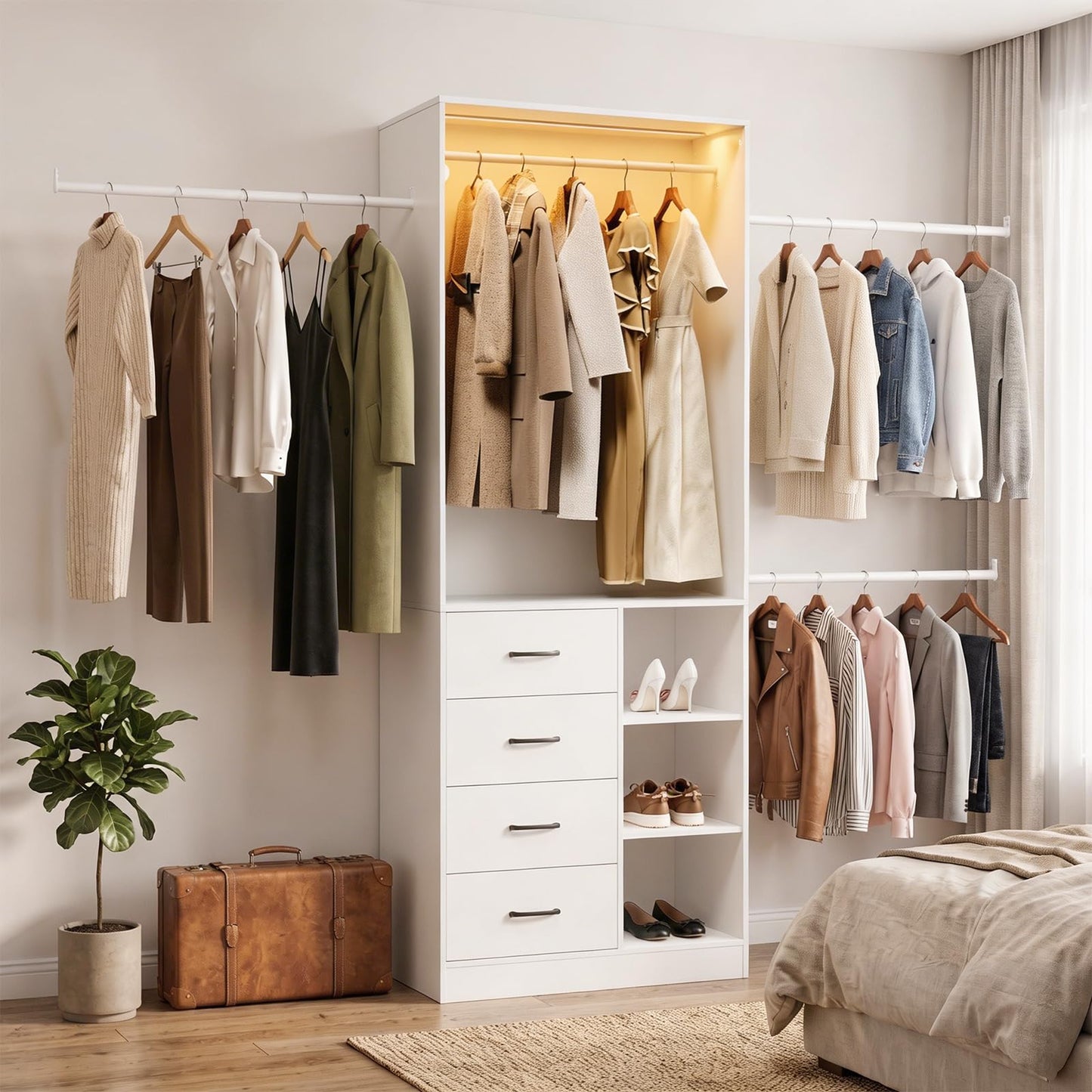 HOOBRO Closet System with 3 Extendable Rods, 6 to 9FT Closet Organizer with 4 Drawers, LED Light Strip, Built in Closet Organizer System, Adjustable Cloth Garment Rack for Cloakroom, White