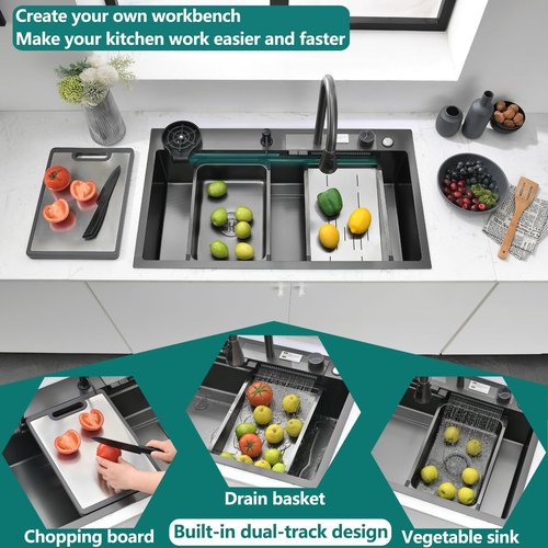 Kitchen Sink Black Luxury Waterfall Kitchen Sinks Modern Multifunctional Stainless Steel Sink With integrated faucet, cup washer, soap dispenser included (Black, 34 * 18in)