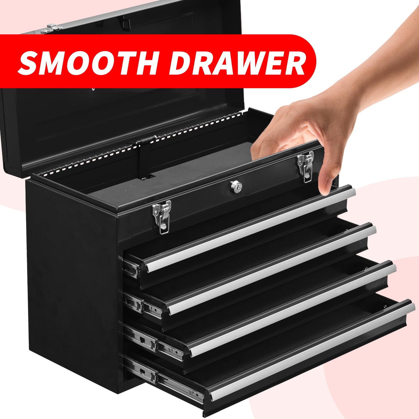 lunhung 4 Drawers Metal Tool Box Portable Steel Tool Chest with Metal Latch Closure & Key Lock, 20" Portable Drawer Toolbox Storage Tray Toolbox with Handle (4 Drawers - Black)