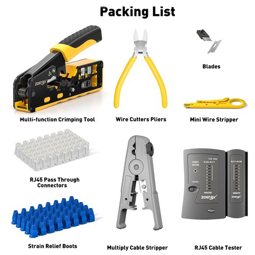 Cat7 RJ45 Crimping Tool, Cat 7 Cat6 Cat5 Pass Through Ethernet Crimping Tool Kit, Network Crimping Tool With Cable Tester, Multiply Stripper, Blades,50Pcs Cat 6 Connectors and Strain Relief Boots