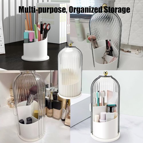 Concealed Toothbrush Holder, Makeup Brush Organizer with Clear Lid, 360 Rotating Dustproof Waterproof 3 Slots Makeup Brush Holder, for Dresser Tabletop Bathroom Countertop (Green)