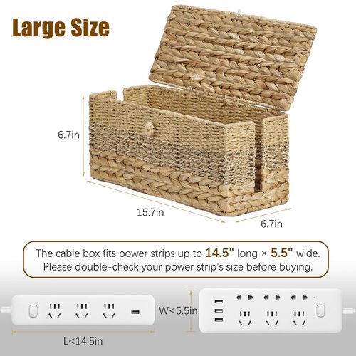 VinneGenzz Cable Organizer Box Handmade Wicker Rattan Cable Management Box Adapter Power Strips Outlet Router Cord Hider Cover Under Desk Electrical Wire Storage Organizer with Lid (Natural, Large)