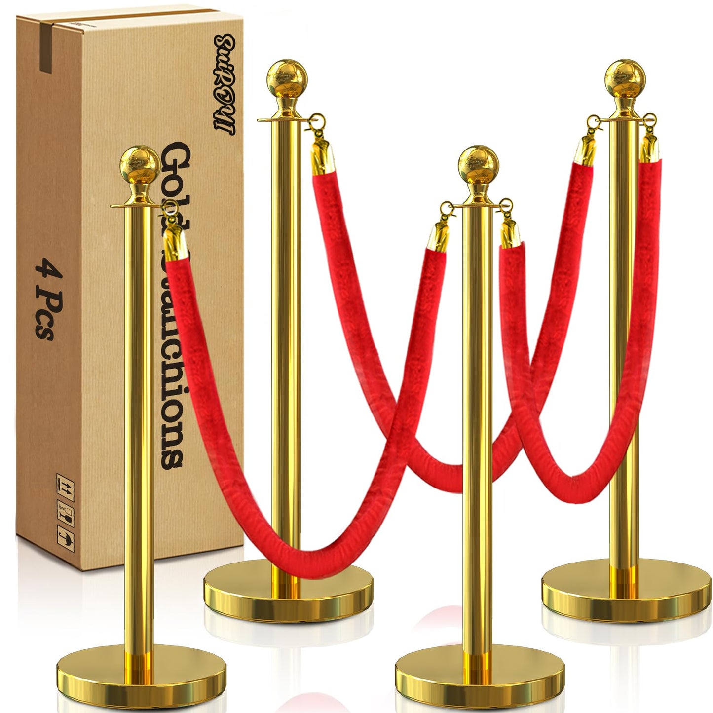 SuiROYI 4 Pcs Gold Stanchions with Velvet Ropes with 3 Pcs 5 Ft Red Velvet Ropes Carpet Ropes Posts Stanchion Set for Crowd Control Barriers for Weddings, Events, Hotels, and Party Decor
