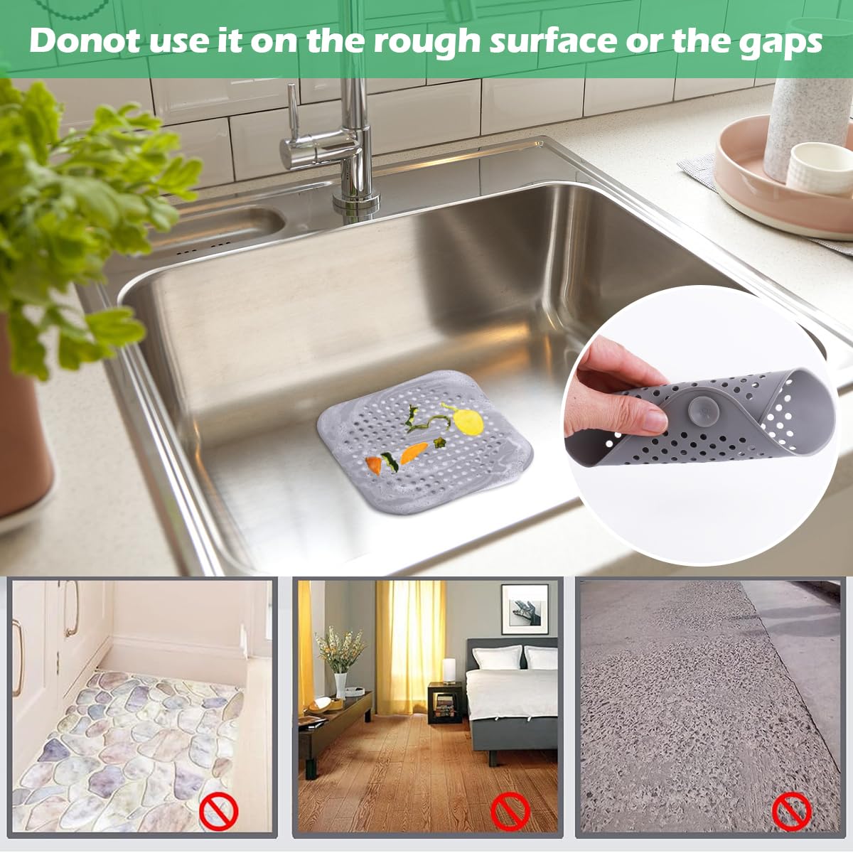 3 Pack Hair Catcher Drain Cover with 4 Suction Cups, 5.7x5.7 Inch TPR Square Sink Strainer for Bathroom, Kitchen, Shower & Tub, Durable, Easy to Clean, Grey