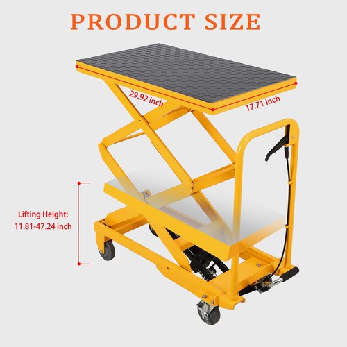Garvee Double Scissor Hydraulic Lift Table Cart, 500lbs Capacity 48" Lifting Height, Lift Table w/ 4 Wheels and Non-Slip Pad, Elevating Hydraulic Cart for Material Handling and Transportation, Yellow