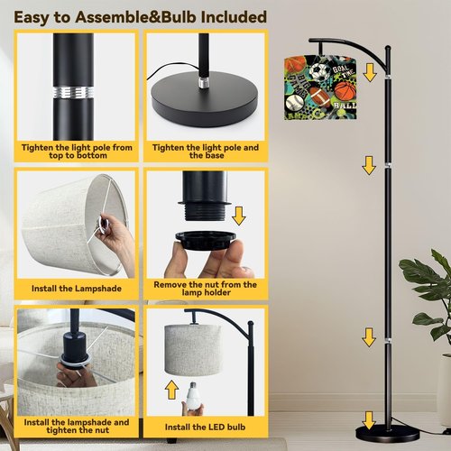 DERUINVAIO Basketball Seamless Sport Rugby Baseball Arc Floor Lamp with Remote Tall Standing Light Working with Adjust Head Dimmable LED Bulb Reading Light for Living Room Office