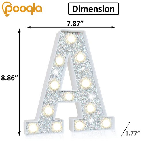 PooqlaLED Marquee Light Up Letters, Glitter Alphabet Letter Sign Battery Powered Night Light Girls Gifts Birthday Wedding Home Bar Christmas Party Decoration, Shiny Silver Letter A