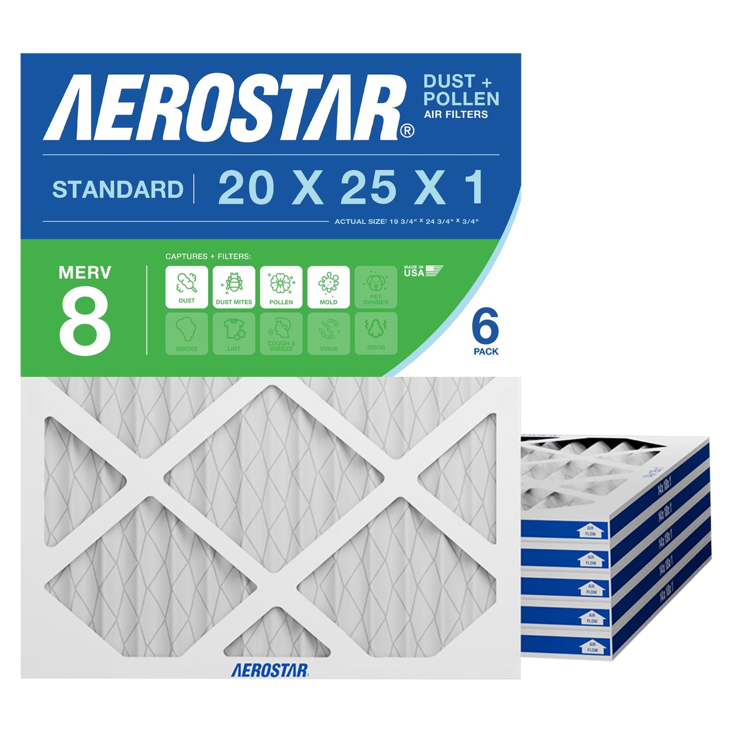 Aerostar 20x25x1 MERV 8 Air Filter, 6 Count, ACTUAL SIZE (19.75 x 24.75 x 0.75), HVAC, Air Conditioning & Furnace Filter Captures Dust, Lint & Pollen (MPR 600 / FPR 5), Made in USA