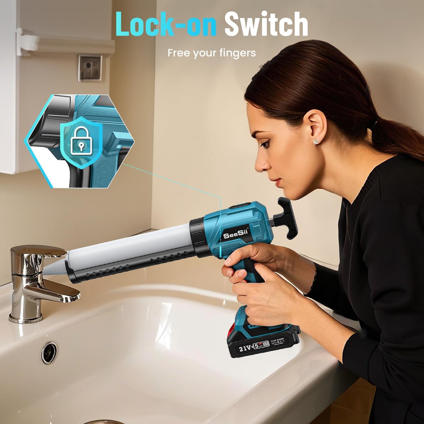 Seesii Cordless Caulking Gun, 2 x 2000mAh Batteries Battery Powered Caulk Gun 21V, 4 Speeds, 10oz/300ml Electric Caulking Gun, Adhesive Gun Kit for Filling, Sealing