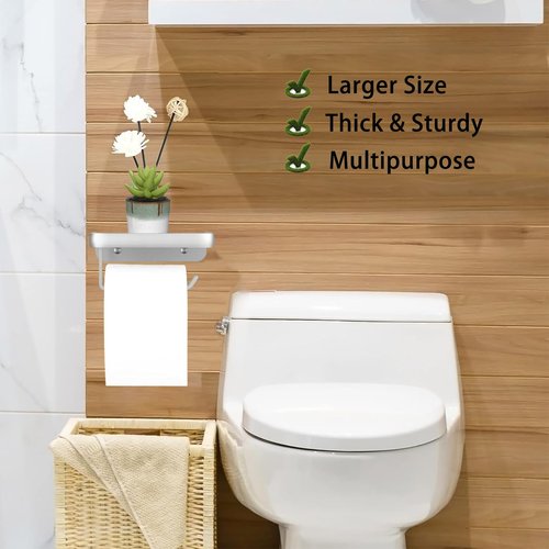 Toilet Paper Holder with Phone Shelf, Adhesive or Screw Wall Mount Toilet Tissue Roll Holder, Rustproof & Multifunctional All Metal Bathroom Storage Dispenser (Silver)