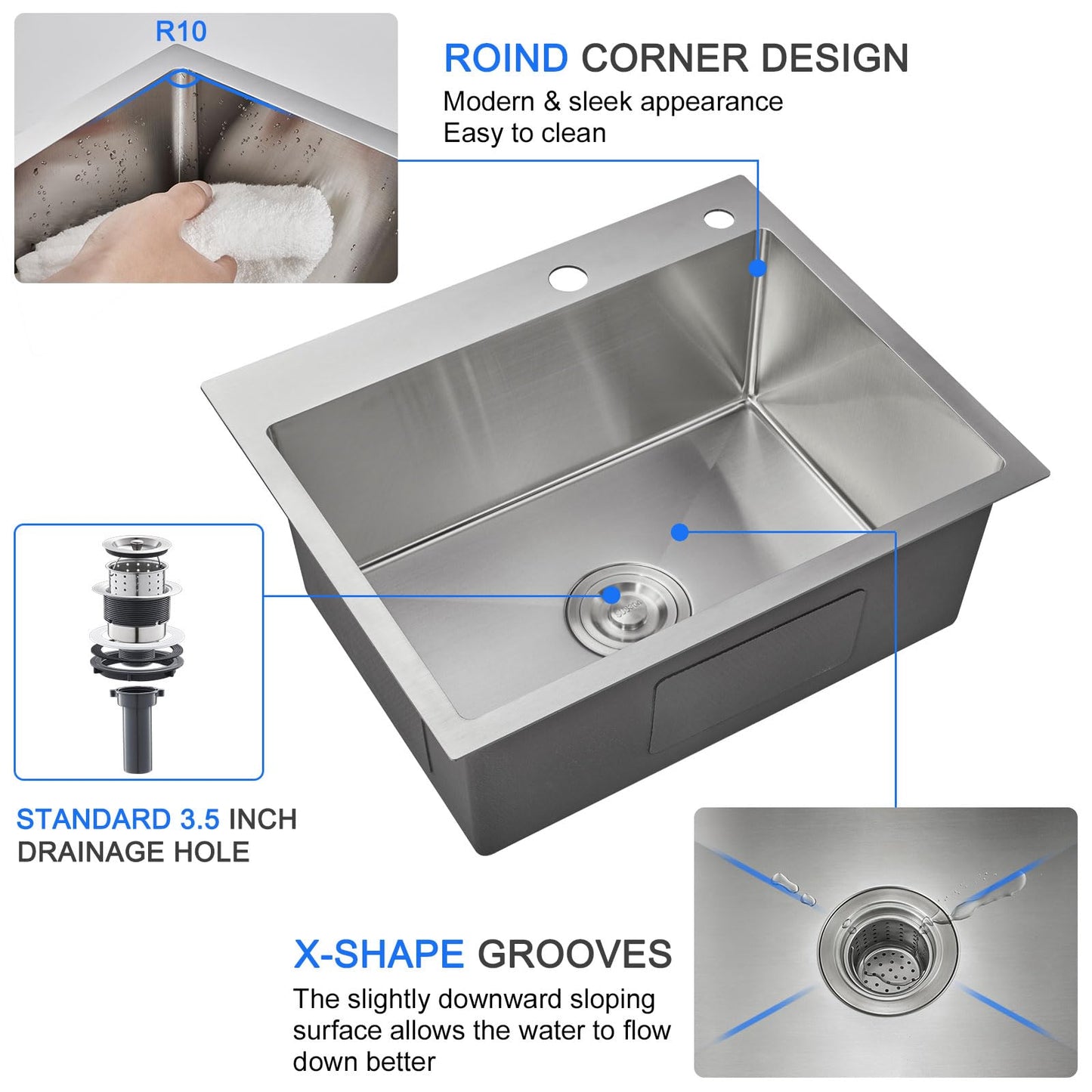 MENATT 24 Inch Drop-in Kitchen Sink, 304 Stainless Steel Topmount Handmade Residential Sink, Single Bowl Workstation Sink with Drain Kit (Brushed), 24"x18"x9"
