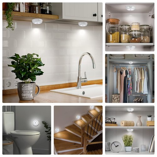BLS Motion Sensor Light Indoor, LED Night Light Closet Lights, Under Cabinet Battery Powered Ceiling Lights, AA Battery Operated Stick on Wireless Puck Lights for Wall, Step, Stair, Dimmable (3 Pack)