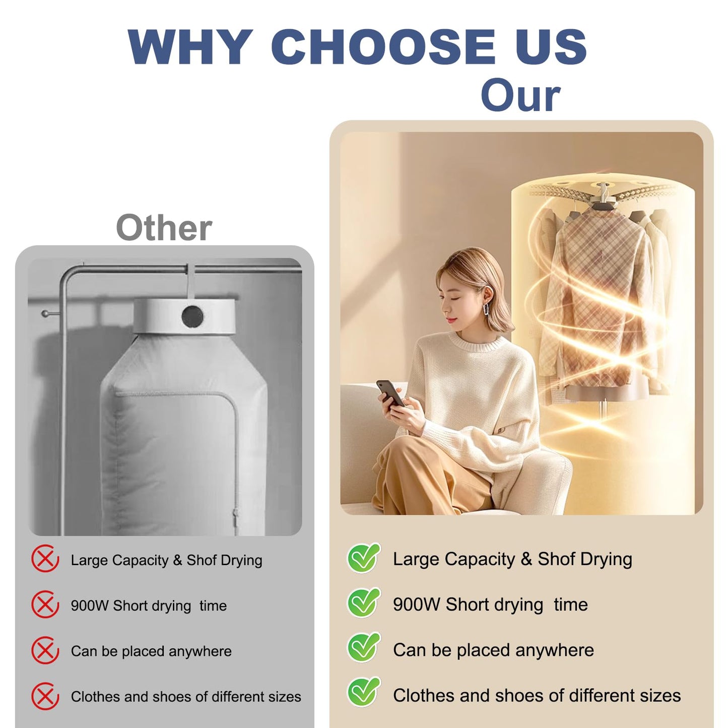 Portable Clothes Dryer Upgraded Large Capacity for Families,travel and apartments,Mini 900W Fast-Drying Machine for Skirts, Clothing and Shoes Quick & Easy-to-Use Foldable Compact Dryer(Beige)