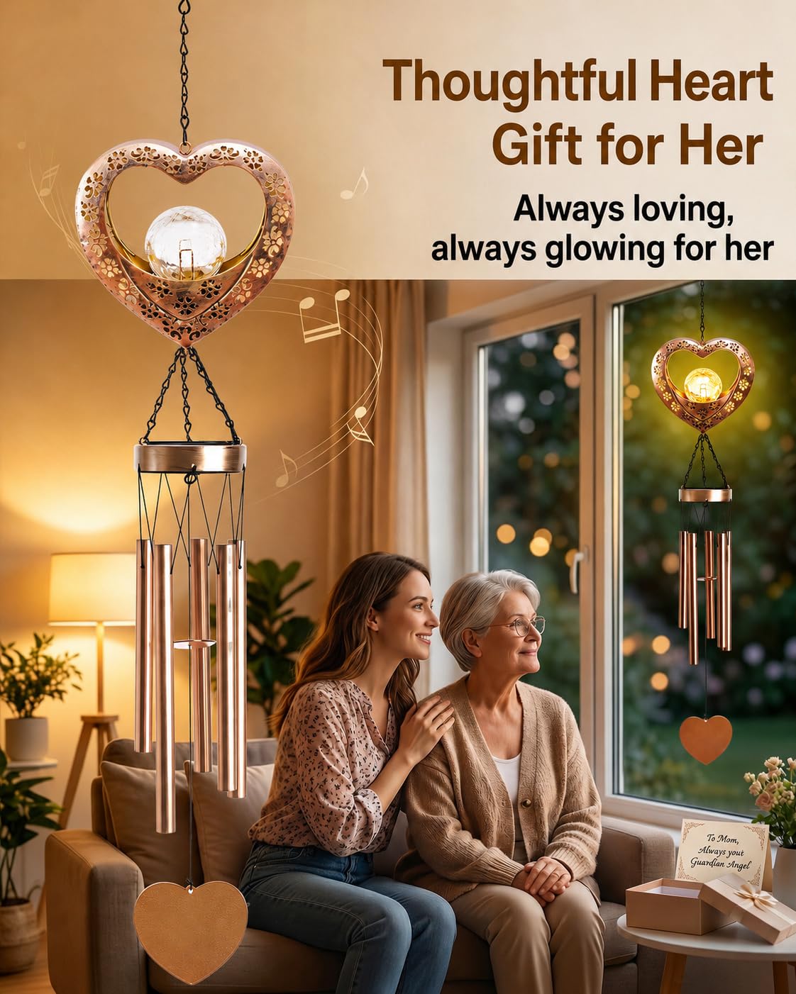 Nacome Solar Heart Wind Chimes for Outside: Weatherproof Metal Outdoor Decor Easy Hanging for Garden Patio Tree Window - Melodious Mother's Day Birthday Gifts for Mom Women Mom Grandma Her Wife