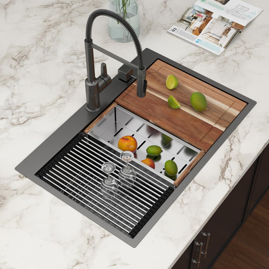 Couoko 33x22 Drop In Kitchen Sink Black Workstation 16 Gauge Stainless Steel Single Bowl Kitchen Sinks Gunmetal Black Nano PVD Handmade Large Deep Sinks 33" x 22" x 9" Inch