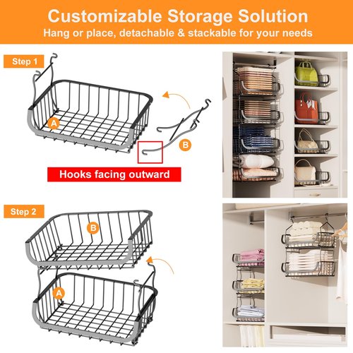 Metal Closet Hanging Organizer, 4 Tier Stackable Closet Organizers and Storage, Sturdy Clothes Hanging Shelves, Wire Storage Basket for Clothing Pants Coat Sweaters Handbags Hats, RV Pantry Organizer