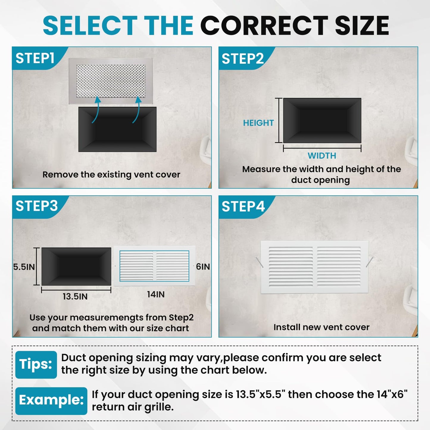 VOISEN Return Air Grille,Fits 14x6 Duct Opening,Steel Return Vent Cover, White Vent Cover Grill for Sidewall and Ceiling,HAVC Cold Air Return Vent Cover,Overall Size:15.8"W X 7.9"H