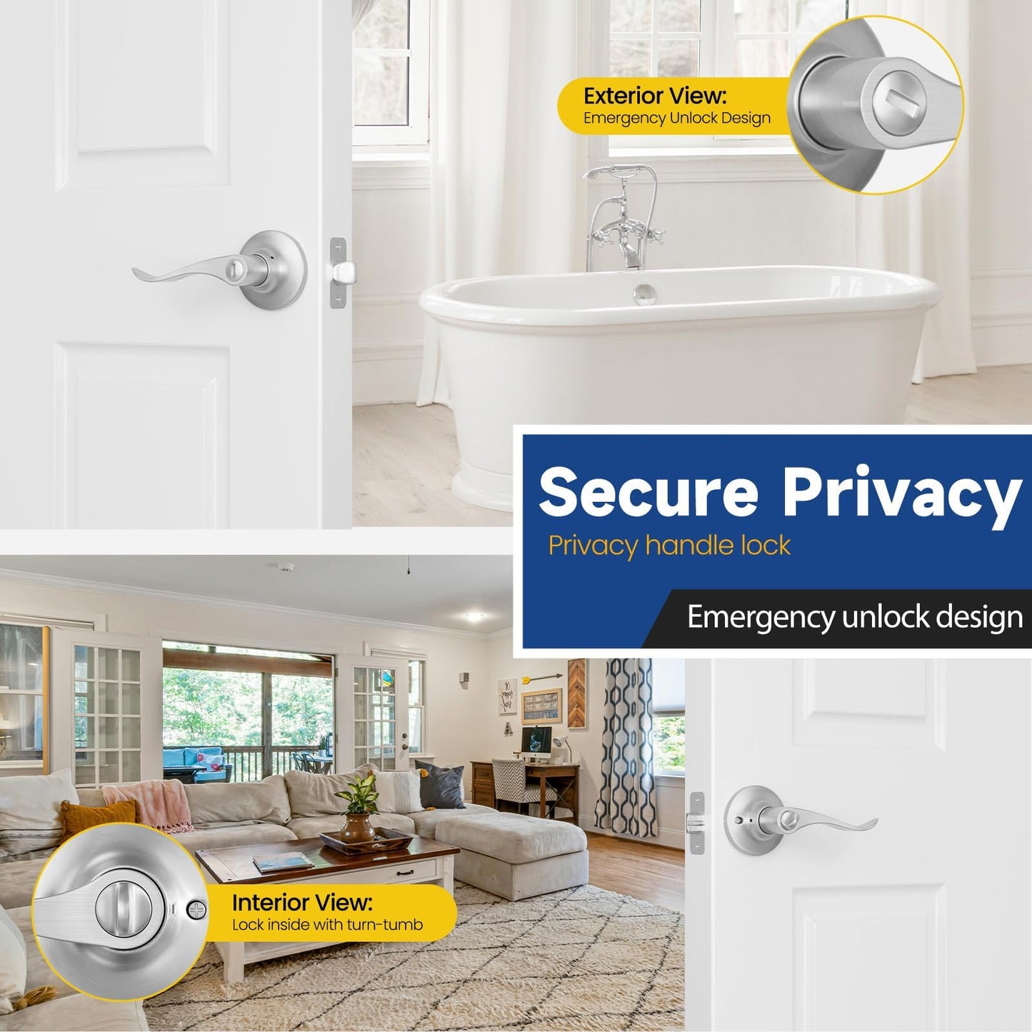 RAFECIEE Privacy Door Lever & Handle – Keyless Lock for Bathroom & Bedroom – Satin Nickel Wave Style Interior Door Knob – Reversible for Left/Right Handed