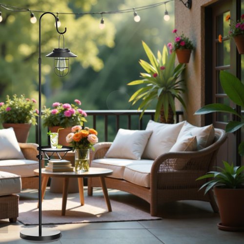 Kirschblüte 60" Solar Floor Lamp with Detachable Hanging Lantern & Small Side Table - Cordless, Waterproof Outdoor Lighting for Deck, Patio, Garden, Porch - Weatherproof Iron Floor Light