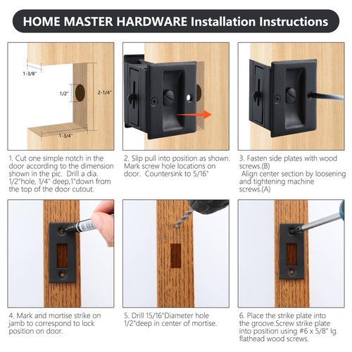 HOME MASTER HARDWARE Privacy Pocket Door Lock Pull Replace Damaged Or Old Sliding Locks Premium Quality Solid Brass Matte Black 2-3/4'x2-1/2', for 1-3/8' Thickness Door (2 Pack)