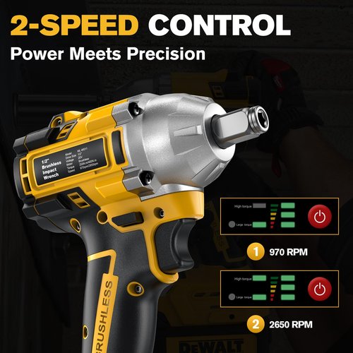 AIDERAR Cordless Impact Wrench for DeWalt Battery, 500Nm (369Ft-Lbs) 1/2" & 1/4" Brushless Impact Gun, 2-Speed High Torque Power Tool for Tire Removal, Rusted Bolts, Car Maintenance(No Battery)