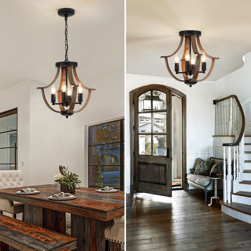 LAMPKEDUO Farmhouse Hanging Pendant Lighting, 4-Light Rustic Flush Mount Ceiling Light Fixture,Modern Faux Wood Vintage Chandelier for Dining Room Kitchen Island Foyer Hallway Entryway Bedroom