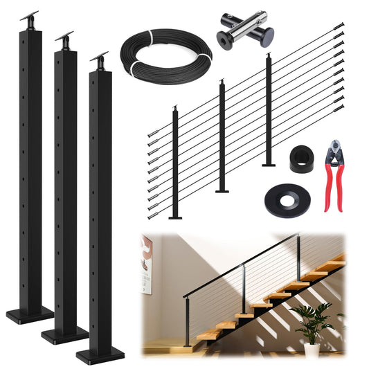 Muzata 10-15FT Modular Black Cable Railing Kit 36 Inch 3 Stair Post Kit Complete Set Cable Railing System for Stairs Length Adjustable Easy DIY with Paper User Guide (No Handrail) RWS1 BA4S