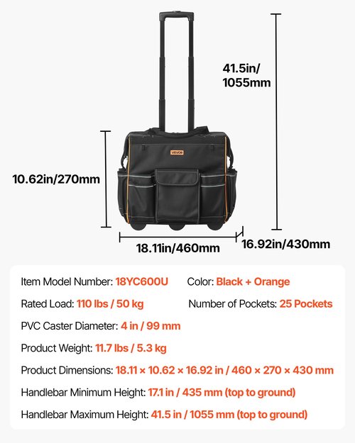 VEVOR 18" Rolling Tool Bag, 110lbs Load Capacity, 25Pockets Heavy Duty Roller Tool Bag w/Adjustable Telescoping Handle & Stable Base, Toolbag Organizers with Wheels for Electrician, Construction