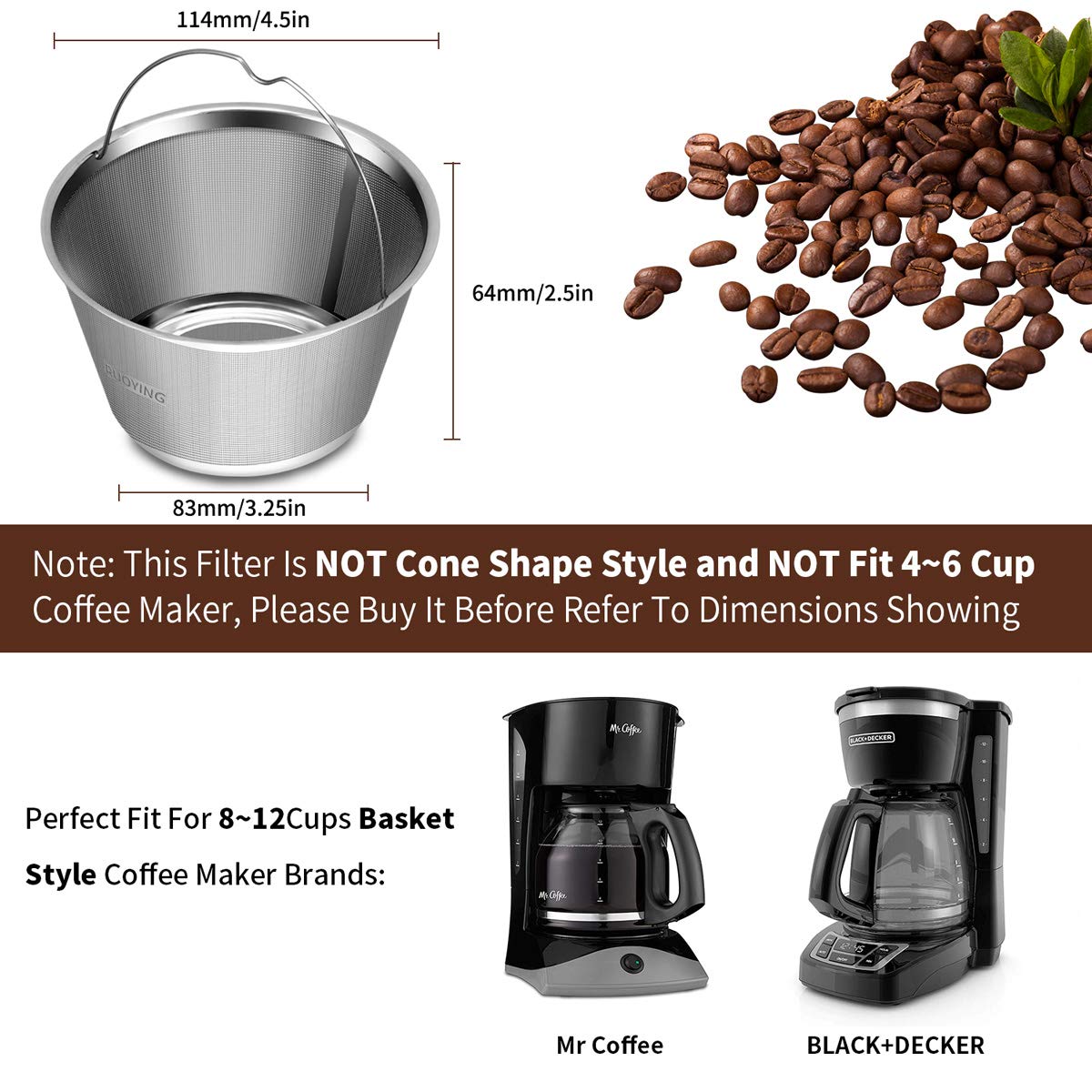 8-12 Cup Reusable Basket Coffee Filters, Perfect Fit for Mr. Coffee, Black & Decker, Krups Coffee Makers