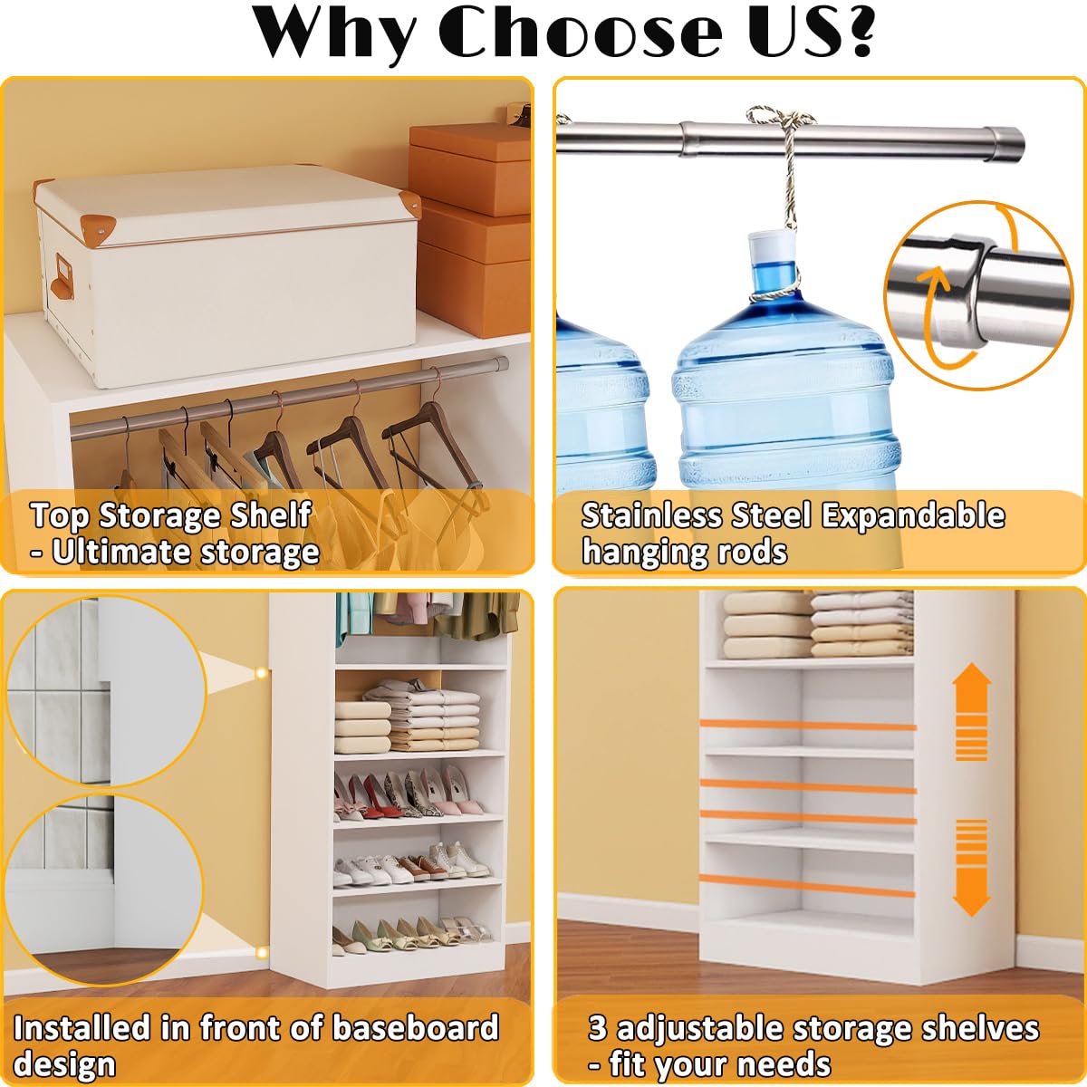 Closet Organizer Systems with 5 Hanging Rods & Adjustable Shelves Walk in Storage Closet Free Standing Closet System Corner Closet System 2 Set, White