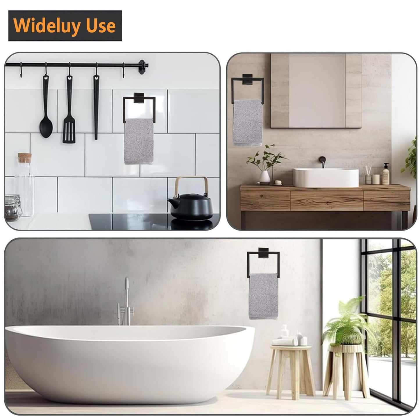 JOPOFI Towel Ring - Thicken Stainless Steel Towel Holder, Towel Racks for Bathroom, Square Modern Design Hand Towel Holder, Contemporary Hand Towel Bar - Matte Black