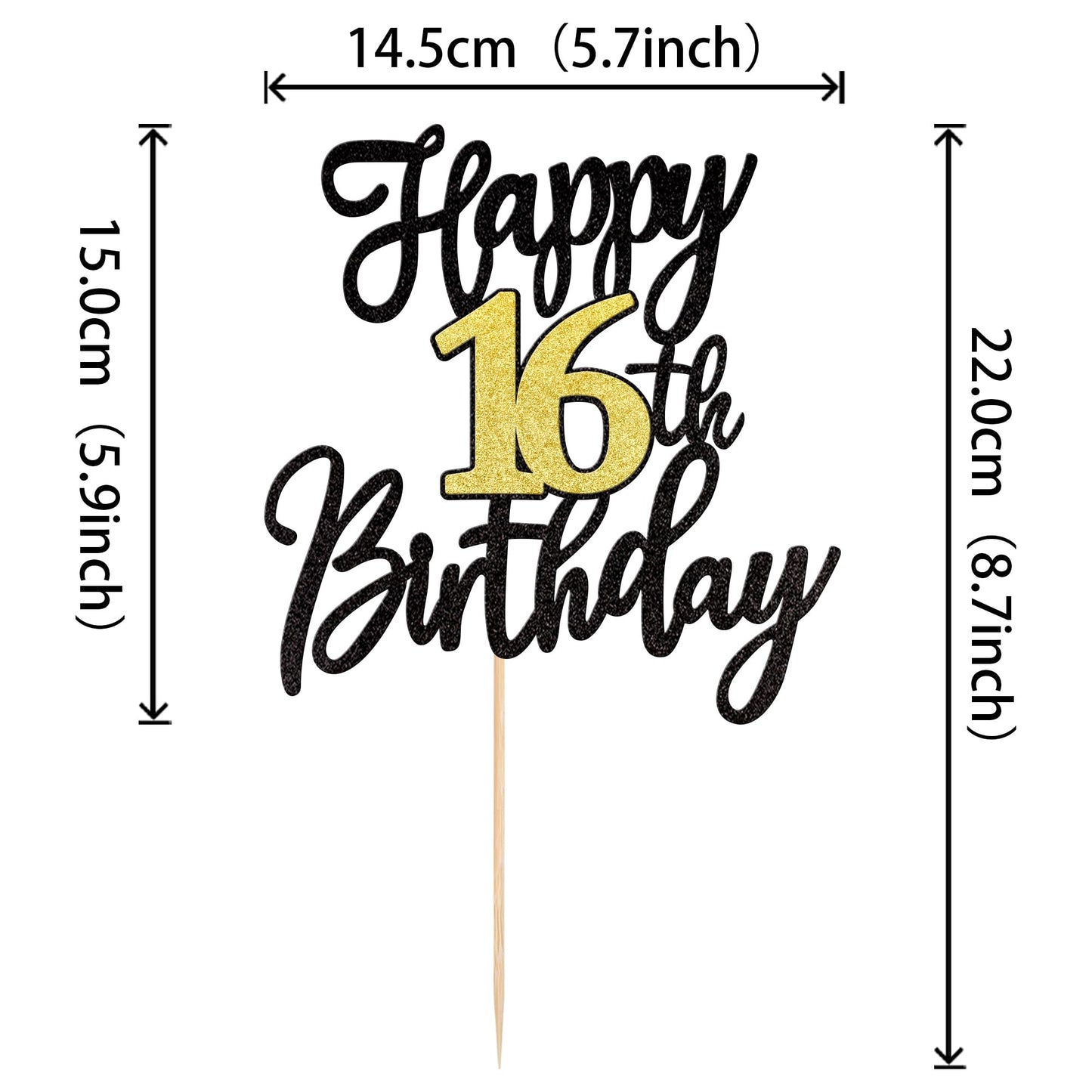 1 PCS Happy 16th Birthday Cake Topper Black Gold Glitter Cheers to 16 Years Birthday Cake Pick 16 Fabulous Cake Decoration for Happy 16th Birthday Anniversary Party Cake Decorations Supplies