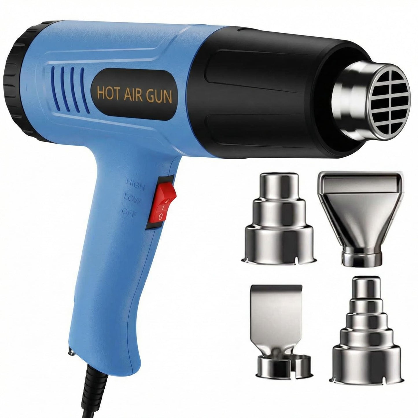 Heat Gun, 572-1112°F Dual Temperature, 2-Speed Switch, 110V with 4Pcs Nozzles, Built-in Overload Protection, 4.9FT Long Cord, for Heat Shrink Tubing, Electronics Repair and Packaging (Standard) (Blue)