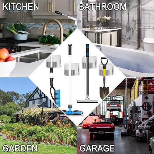 Broom Holder Self Adhesive No Drill Wall Mount Mop Broom Organizer with Hook Heavy Duty Stainless Steel Garden Tool Organizer Garage Storage and Organization Hanger (Silver + Grey)