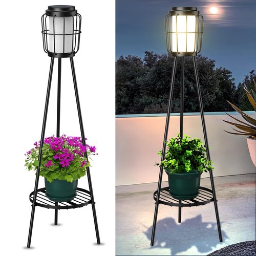 2 Pack Solar Lights Outdoor with Plant Stands - Solar Floor Lamp & Street Lights with Metal Tripod - Patio Decor for Garden, Yard, Pathway, Driveway, Porch