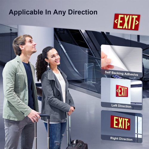 Photoluminescent Exit Sign Aluminum - Adhesive Backing Glow In The Dark - Removable Arrows Included - 12x7 Inches - Non Electrical Red Exit Light For 50 Feet Visibility (1 Pack)